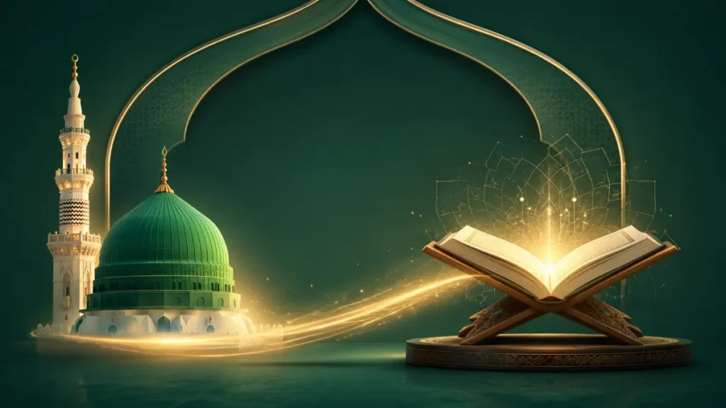 گنبد سبز مسجدالنبی و کتاب نورانی به مناسبت ولادت پیامبر اکرم (ص) و امام جعفر صادق (ع)