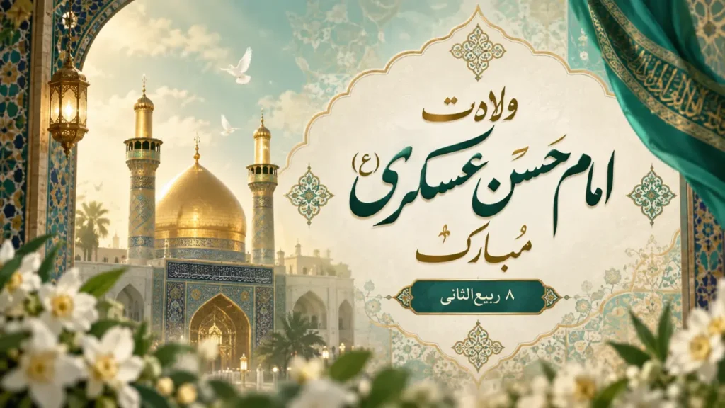 متن تبریک ولادت امام حسن عسکری (ع) برای ۸ ربیع‌الثانی با تصویر گنبد طلایی و طراحی مذهبی
